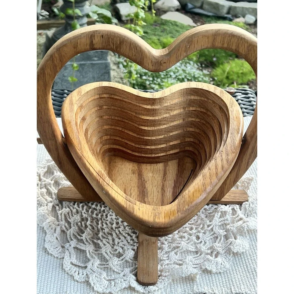 Vintage Handmade Heart Shaped Wooden Collapsible Basket With Handle Or Trivet